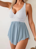 Women's One Piece Swim Dress Swimsuit Tummy Control Mesh Swimdress V Neck Bathing Suit Skirt Tie Back Swimwear