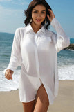 Solid Color Lapel Long Sleeve Swimsuit Cover Up