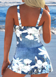 Tie Denim Blue Floral Print One Piece Swimdress