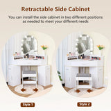 usikey Corner Vanity Desk with Mirror and Lights, Makeup Vanity Table with Charging Station, 3 Drawers & Retractable Side Cabinets, Vanity Desk with Cushioned Stool for Christmas Day, White