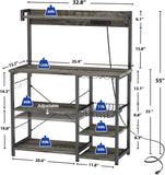 Bakers Rack with Power Outlet, Microwave Stand, Kitchen Storage Shelf with Wire Basket, Coffee Bar Station with Wine Glass Holder, 35.4" Kitchen Rack for Spices, Pots, and Pans