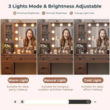 DICTAC Farmhouse Makeup Vanity Desk with Mirror and Lights, Large Vanity Table with Charging Station, 43'' Bedroom Dressing Table with 6 Drawers & 2 Cabinets, 3 Color Lighting Modes, Brown