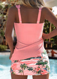 Mid Waisted Tropical Plants Print Dusty Pink Tankini Set
