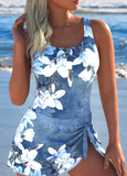 Tie Denim Blue Floral Print One Piece Swimdress