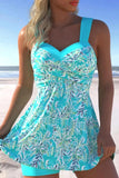 Surplice Cyan Leaf Print Swimdress and Shorts